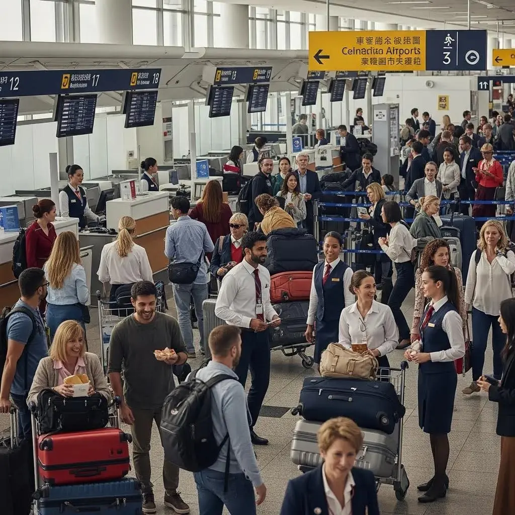 Busy airport terminal with travelers and staff, highlighting positive interactions and airport etiquette