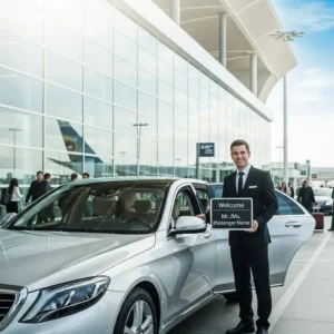Chauffeur holding a name sign and meeting a passenger at arrivals
