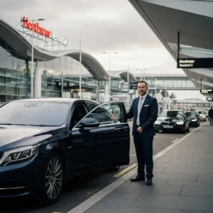 Chauffeur opening a car door for passengers outside Heathrow Terminal 2, representing private airport transfers