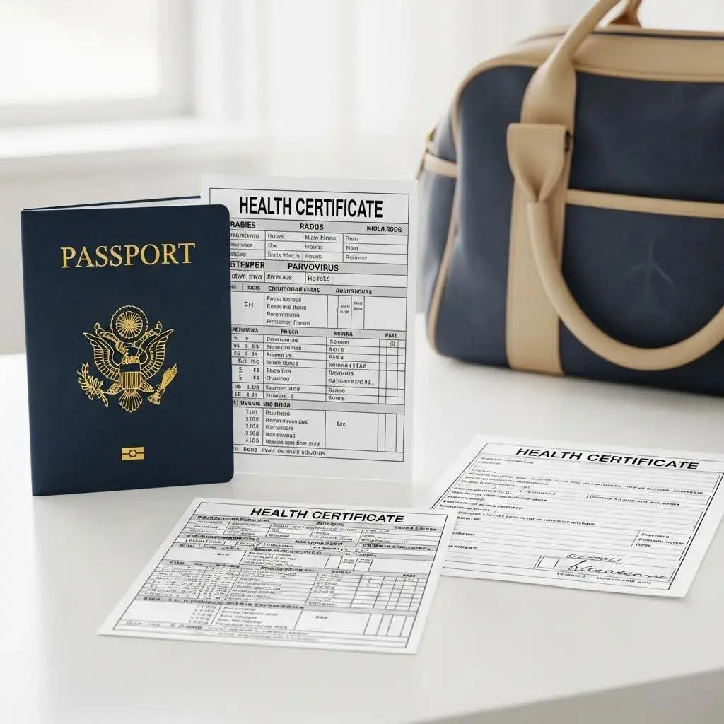 Checklist showing a pet passport and a veterinary health certificate for travelling pets