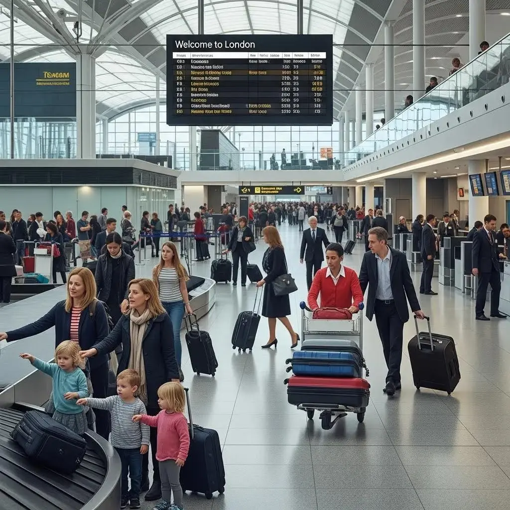 Crowded London airport terminal with travellers and luggage — common navigation challenges