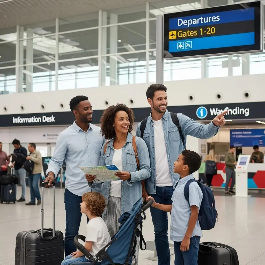 Family at Gatwick Airport with map and luggage — practical tips for smoother travel