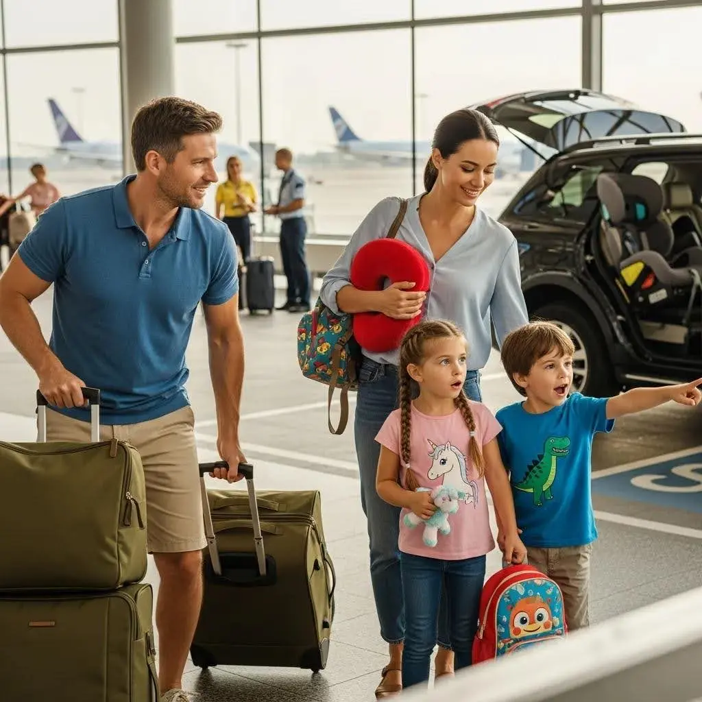 Family at an airport with children, highlighting child-friendly transfer arrangements and child seats
