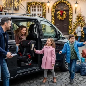 Family boarding a MERC transfer with child seats — family-friendly holiday travel