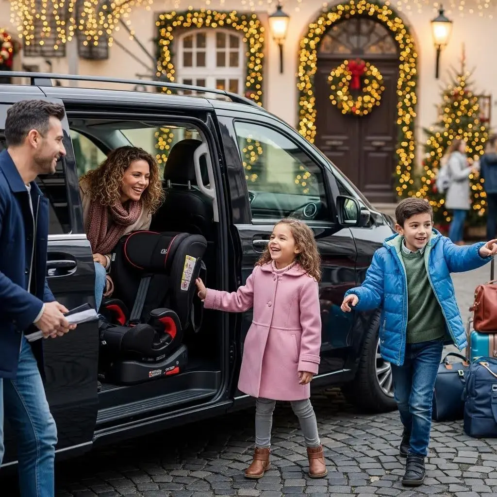 Family boarding a MERC transfer with child seats — family-friendly holiday travel