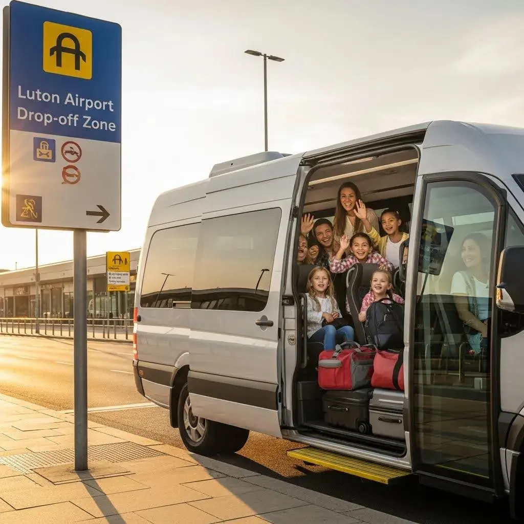 Family boarding a roomy van for a group transfer to Luton Airport — space and convenience for larger parties