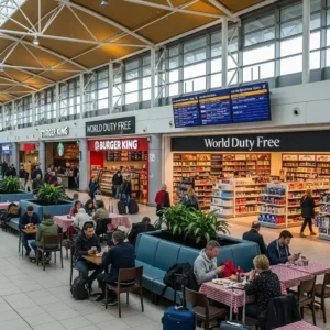 Interior of Luton Airport terminal showing shops and dining areas for passenger comfort
