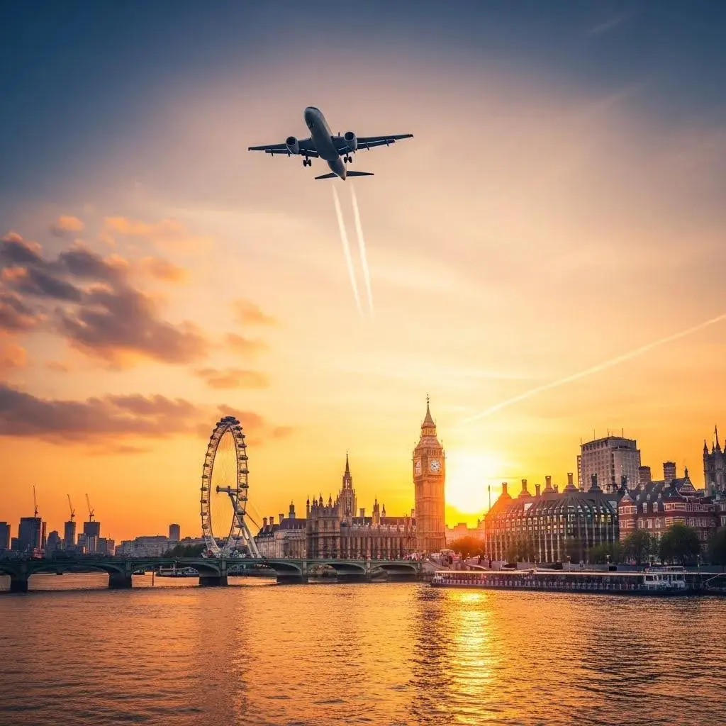 London skyline with famous landmarks and an airplane — travel to London airports