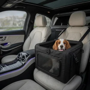 Luxury Mercedes interior set up for pet transport with a comfortable carrier and relaxed dog