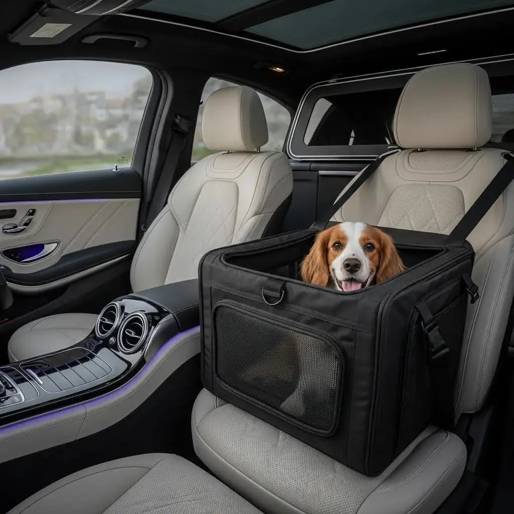 Luxury Mercedes interior set up for pet transport with a comfortable carrier and relaxed dog
