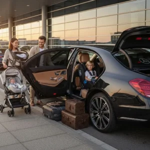 Luxury family vehicle with fitted child seats ready for an airport transfer, emphasising safety and space