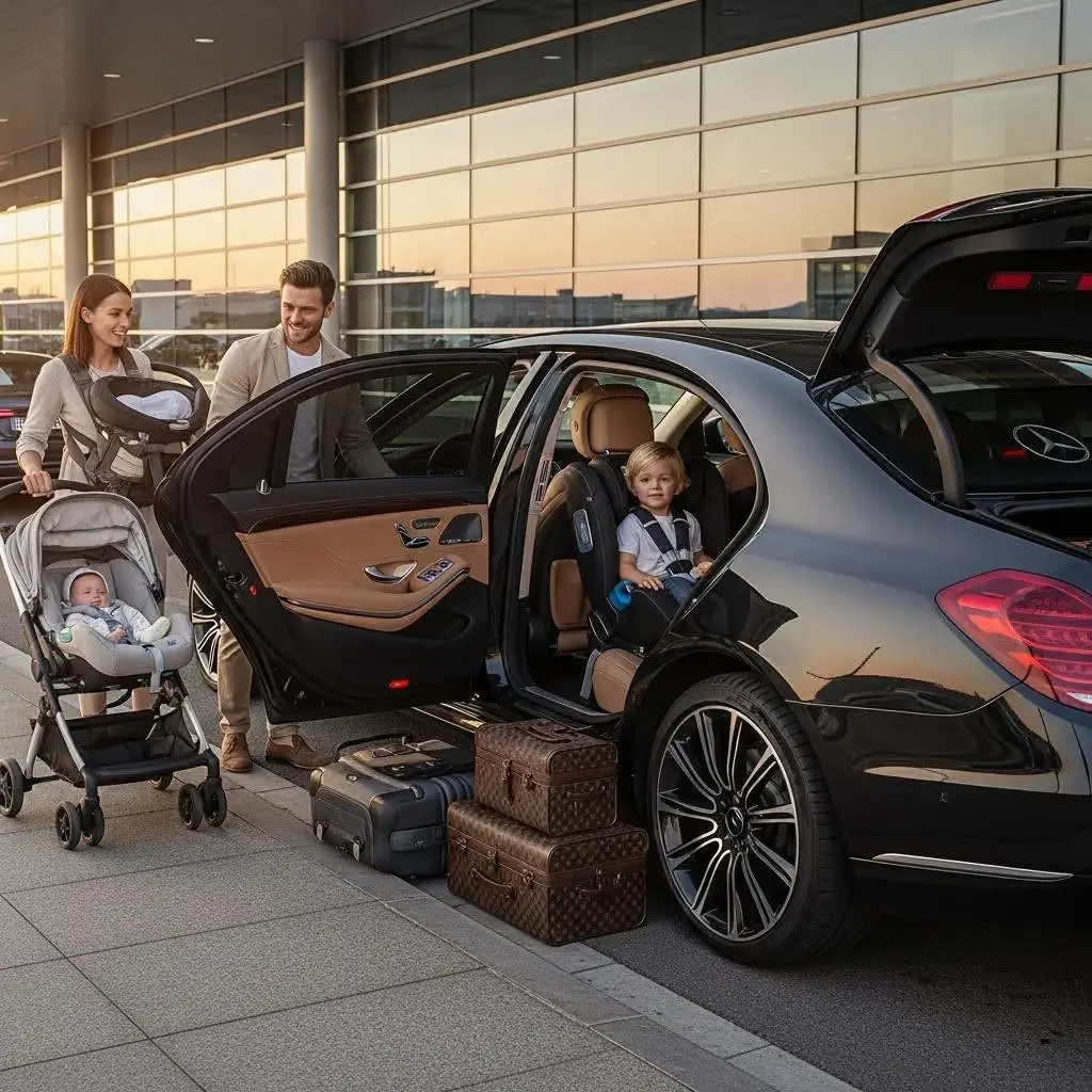 Luxury family vehicle with fitted child seats ready for an airport transfer, emphasising safety and space
