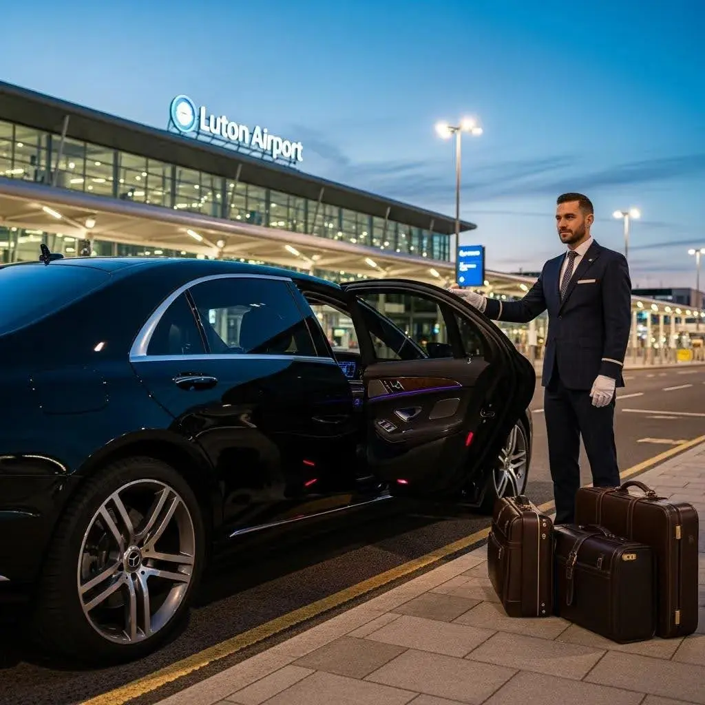 Luxury transfer vehicle waiting outside Luton Airport — comfort and style for Kent travellers