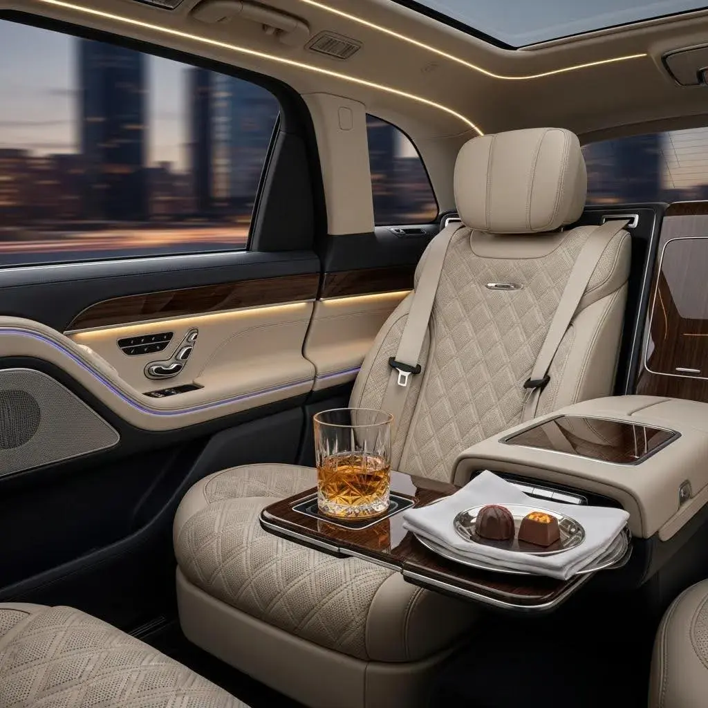 Luxury vehicle interior with plush seating and modern amenities