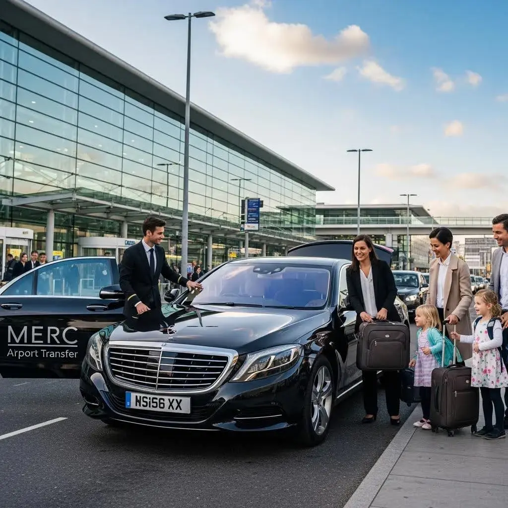 MERC luxury airport transfer vehicle parked outside a London terminal, showing convenience and comfort
