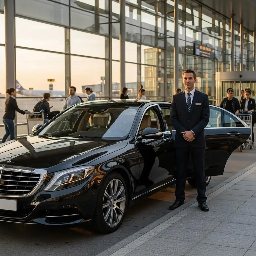 Mercedes‑Benz chauffeur and luxury airport transfer at a terminal