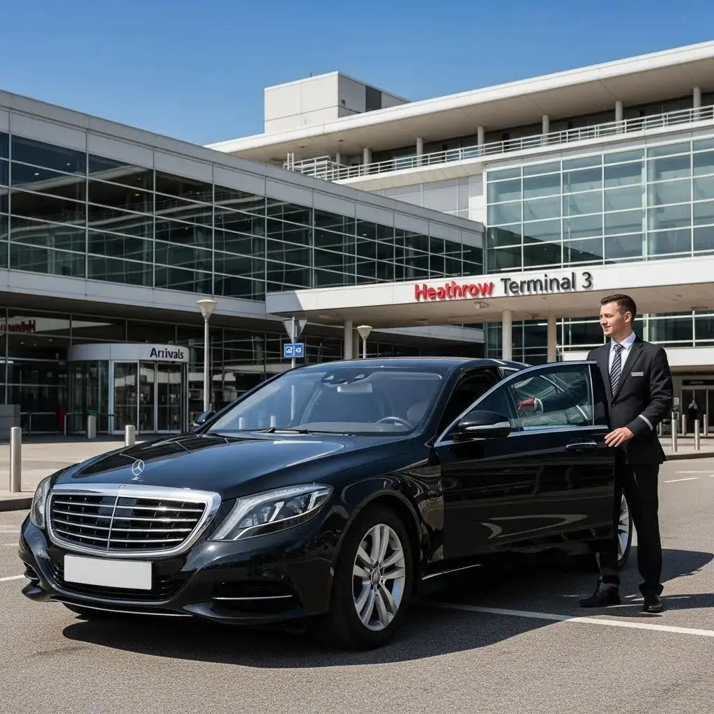 Mercedes‑Benz chauffeur transfer waiting at Heathrow Terminal 3