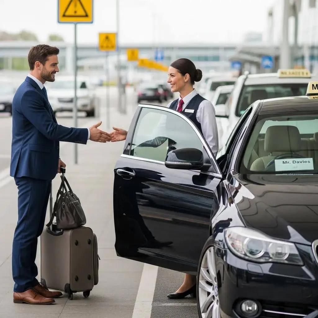 Passenger greeting driver at airport transfer, showcasing courteous behavior and travel manners