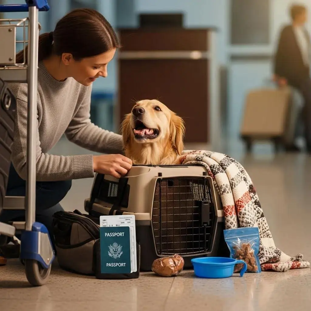 Pet owner preparing their dog for airport travel with a carrier and essentials