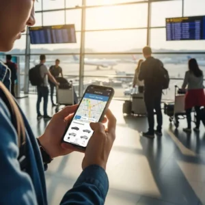 Traveler booking airport transfer on smartphone, emphasizing convenience and modern travel solutions