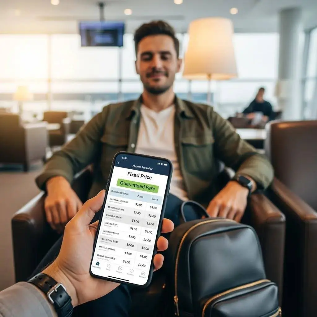 Traveller appreciating fixed, up-front pricing for airport transfers