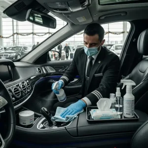 chauffeur-sanitizing-luxury-vehicle-highlighting-safety-measures-for-festive-airport-transfers
