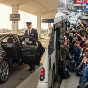 Comparison of private airport transfer vehicle and crowded public transport bus highlighting comfort and convenience