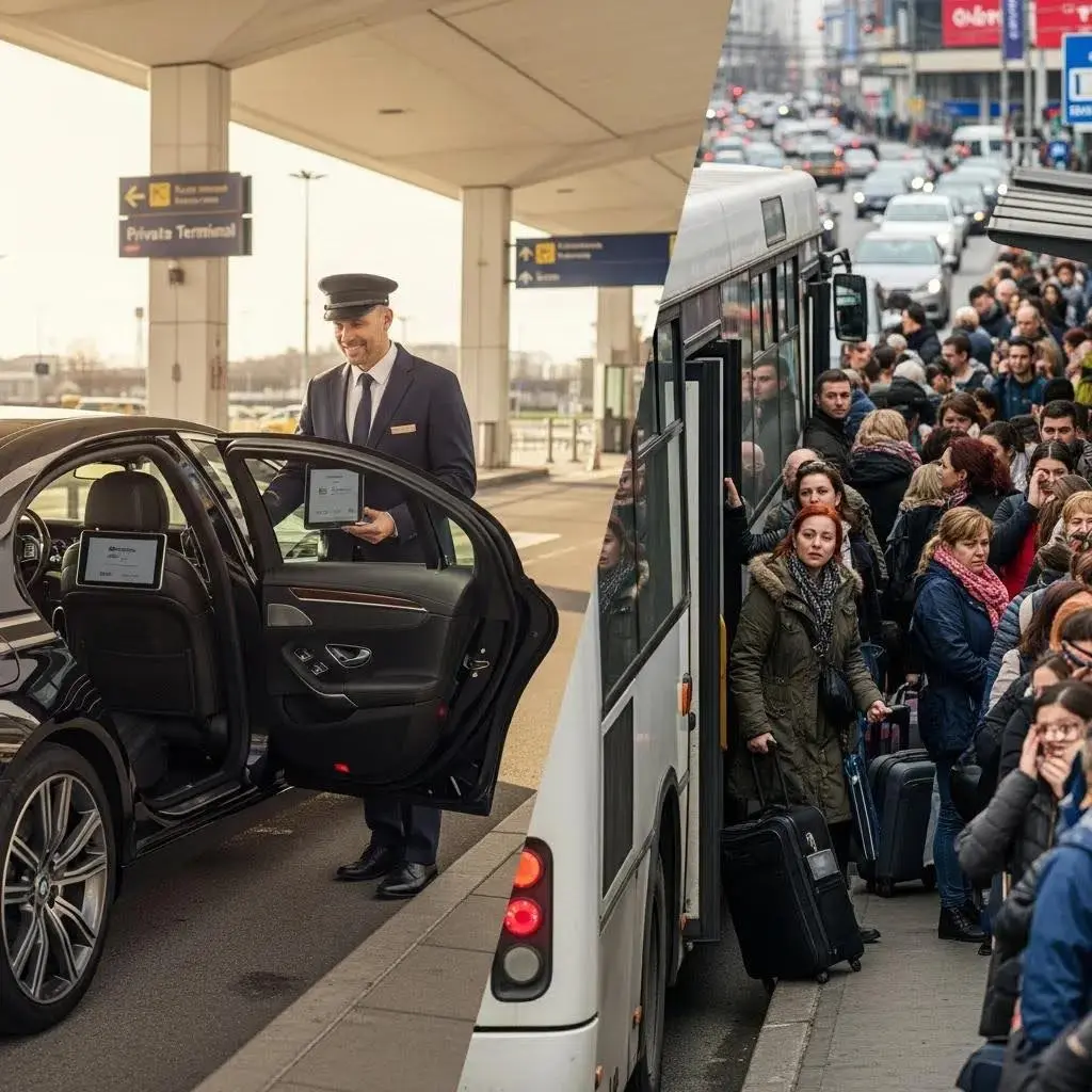 Comparison of private airport transfer vehicle and crowded public transport bus highlighting comfort and convenience