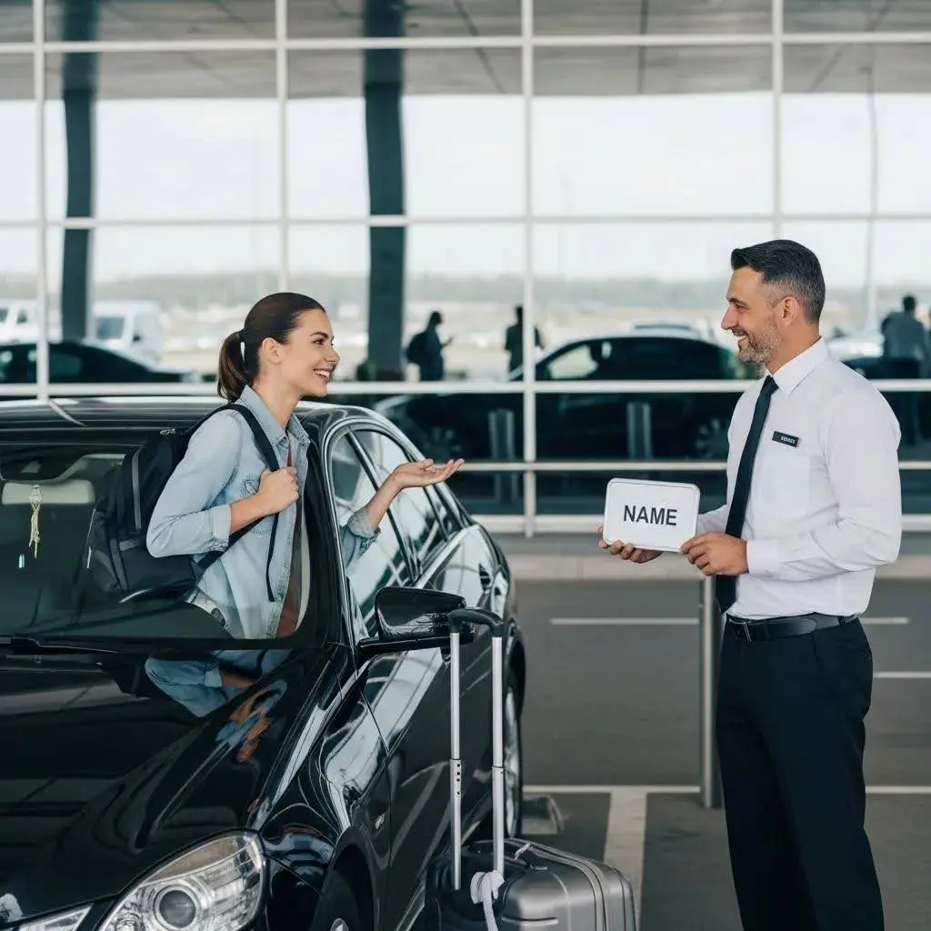 First-time traveler happily engaging with a professional driver at the airport for transfer services