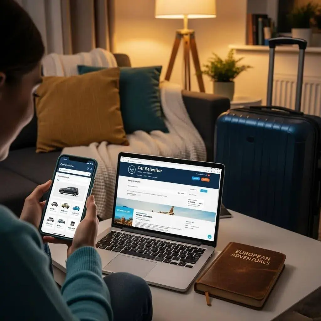 Traveler booking airport transfer online using a smartphone in a cozy home setting