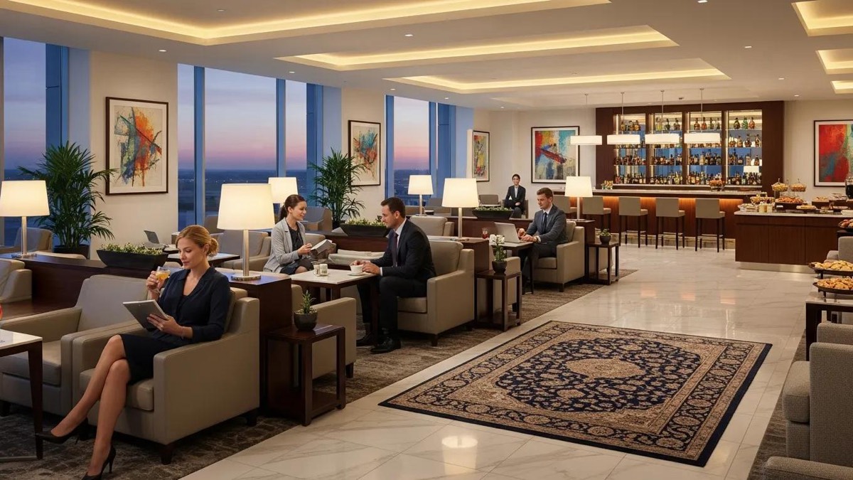 Luxurious airport lounge with comfortable seating and travelers enjoying refreshments