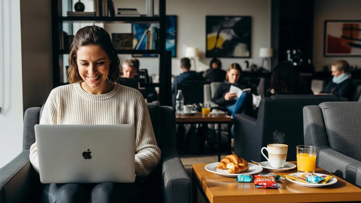 Traveler working in a quiet airport lounge with snacks and beverages