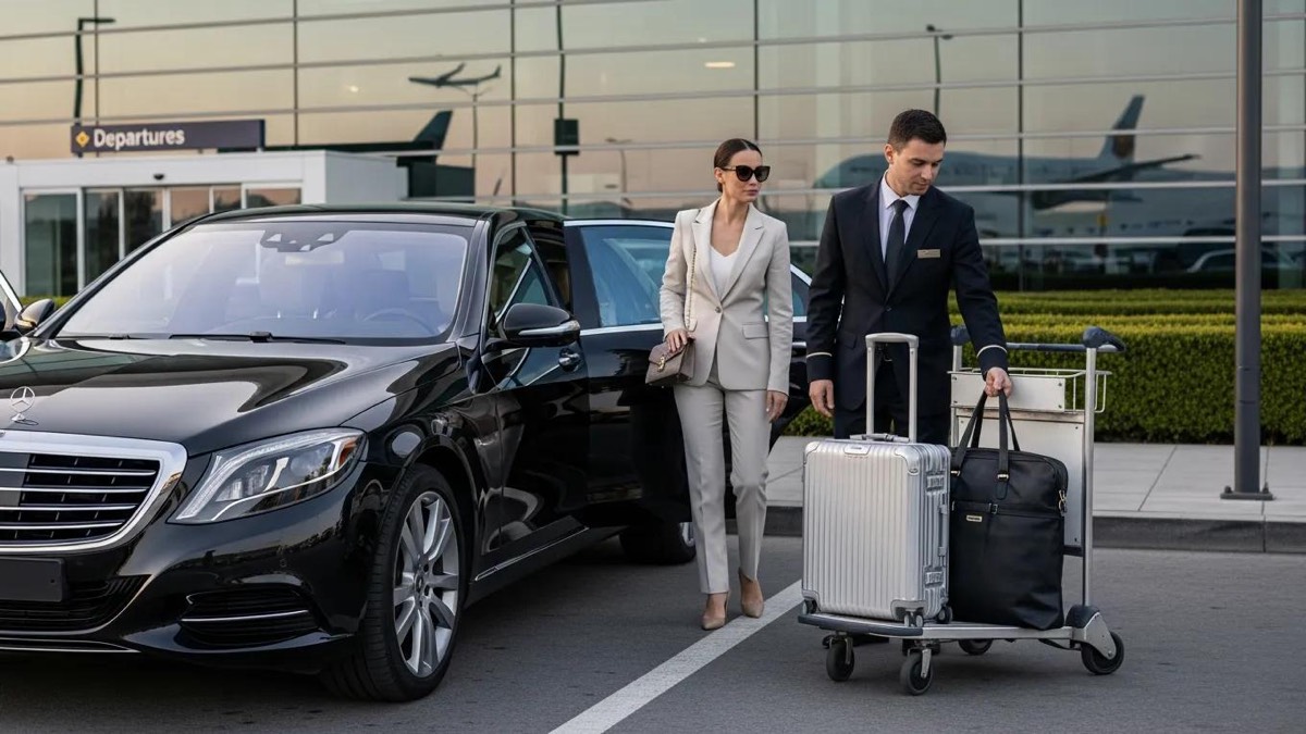 Luxury vehicle with driver assisting traveler at the airport