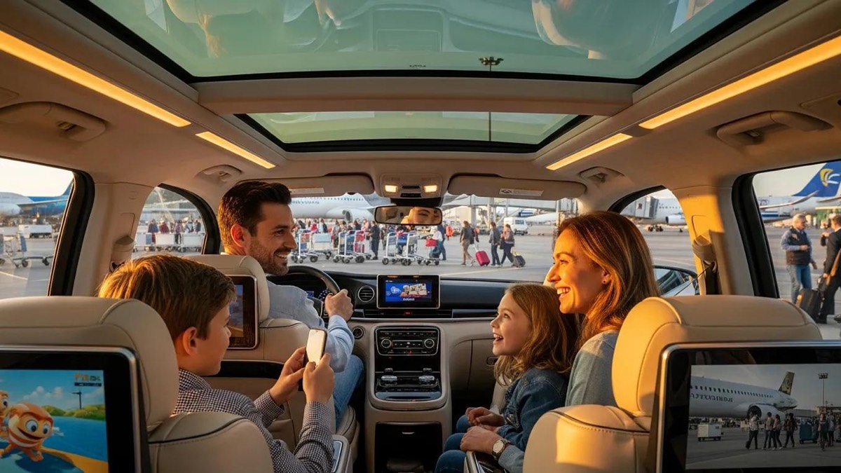 Family enjoying a comfortable ride in a spacious airport transfer vehicle