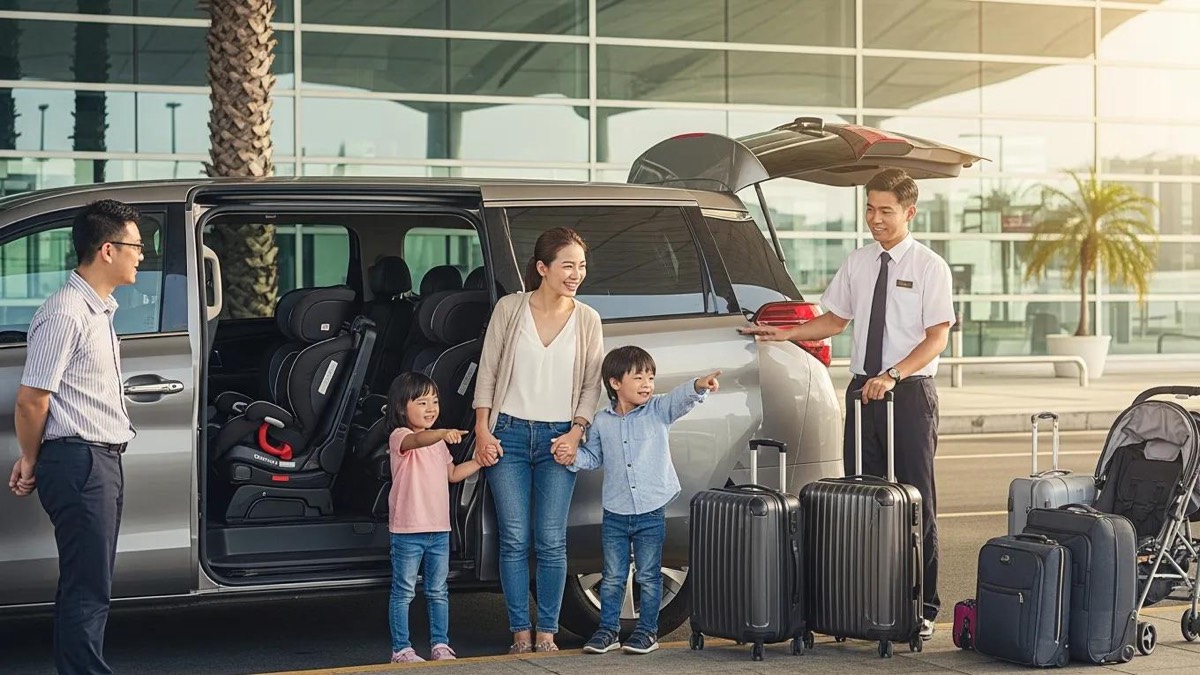 Family with children entering an airport transfer vehicle with child safety seats