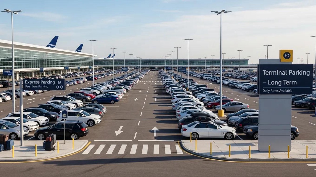 Airport parking lot with various vehicles, highlighting secure and affordable parking options