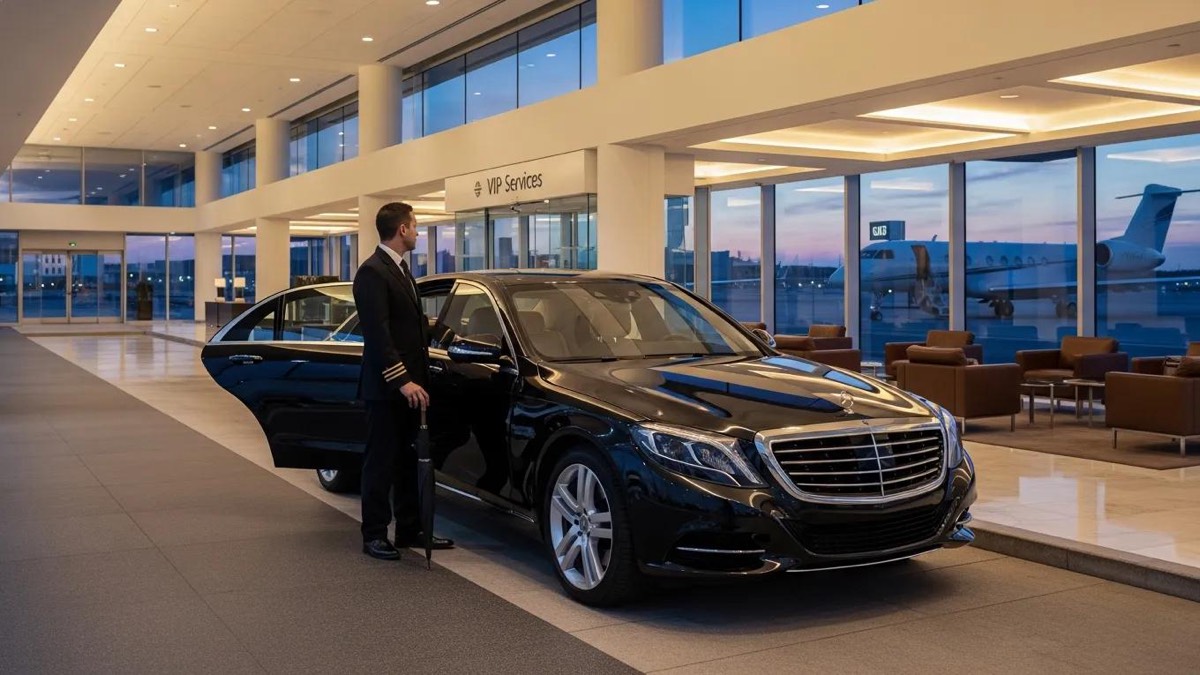 Luxury vehicle at airport terminal with professional driver