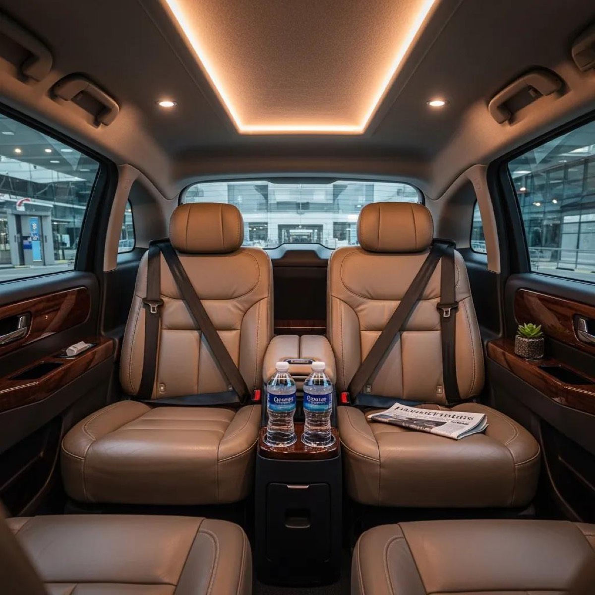 Interior of a private airport taxi, highlighting comfort and spacious seating for travelers