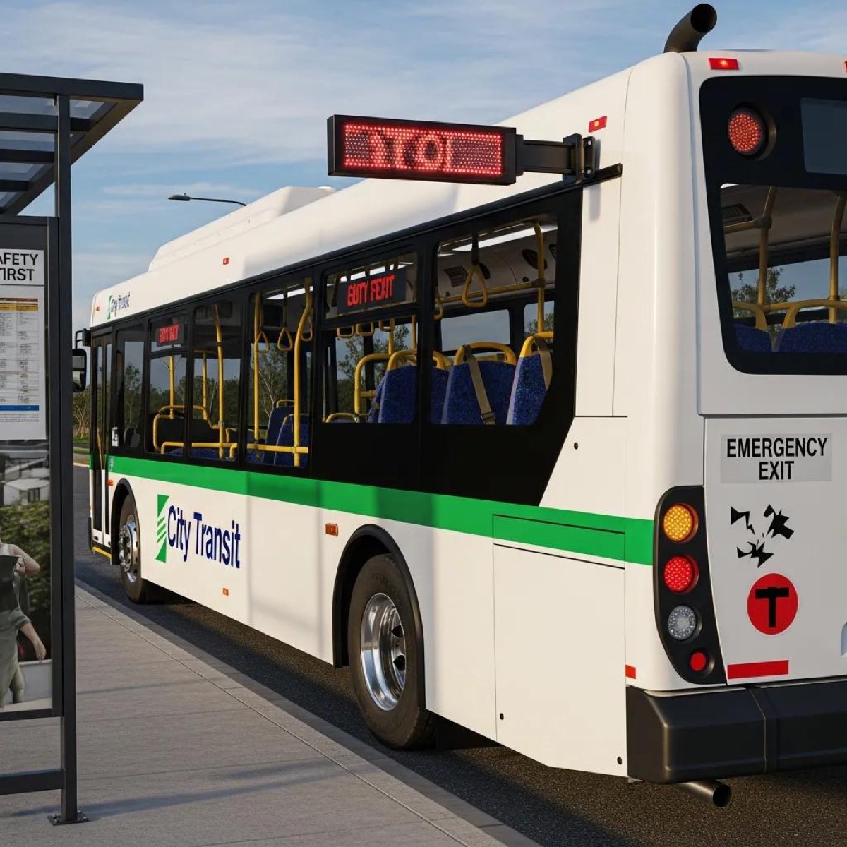 Safety features of a bus, including seat belts and emergency exits, ensuring passenger security