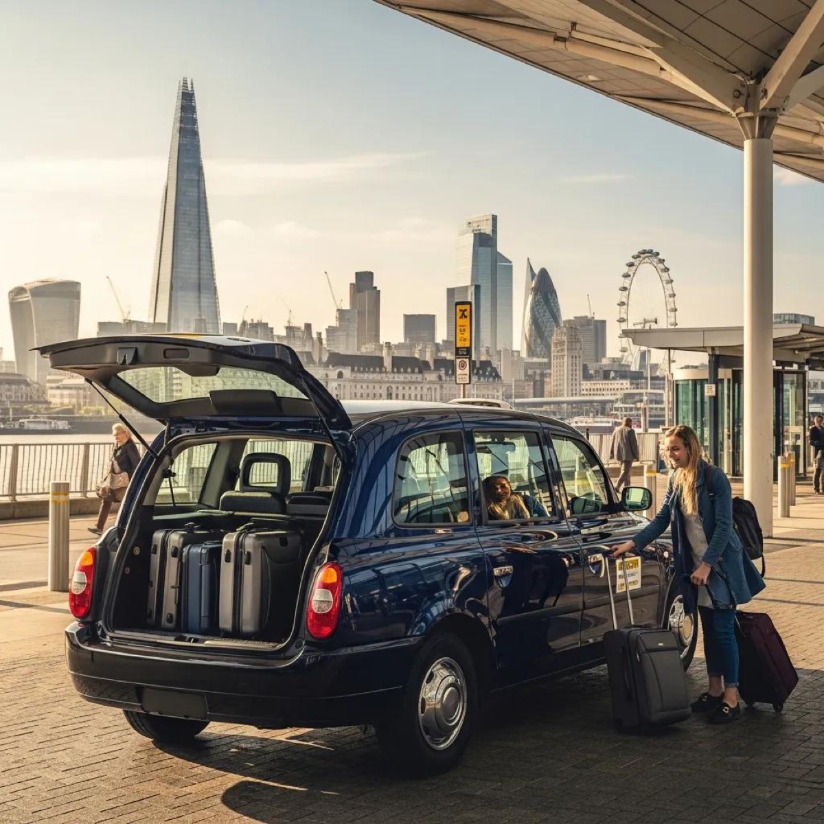 Modern airport taxi in front of London airport terminal, representing airport transfer services