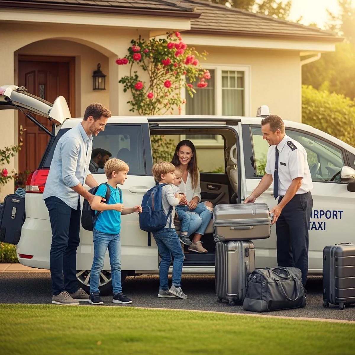 Family entering an airport taxi outside their home, showcasing door-to-door convenience