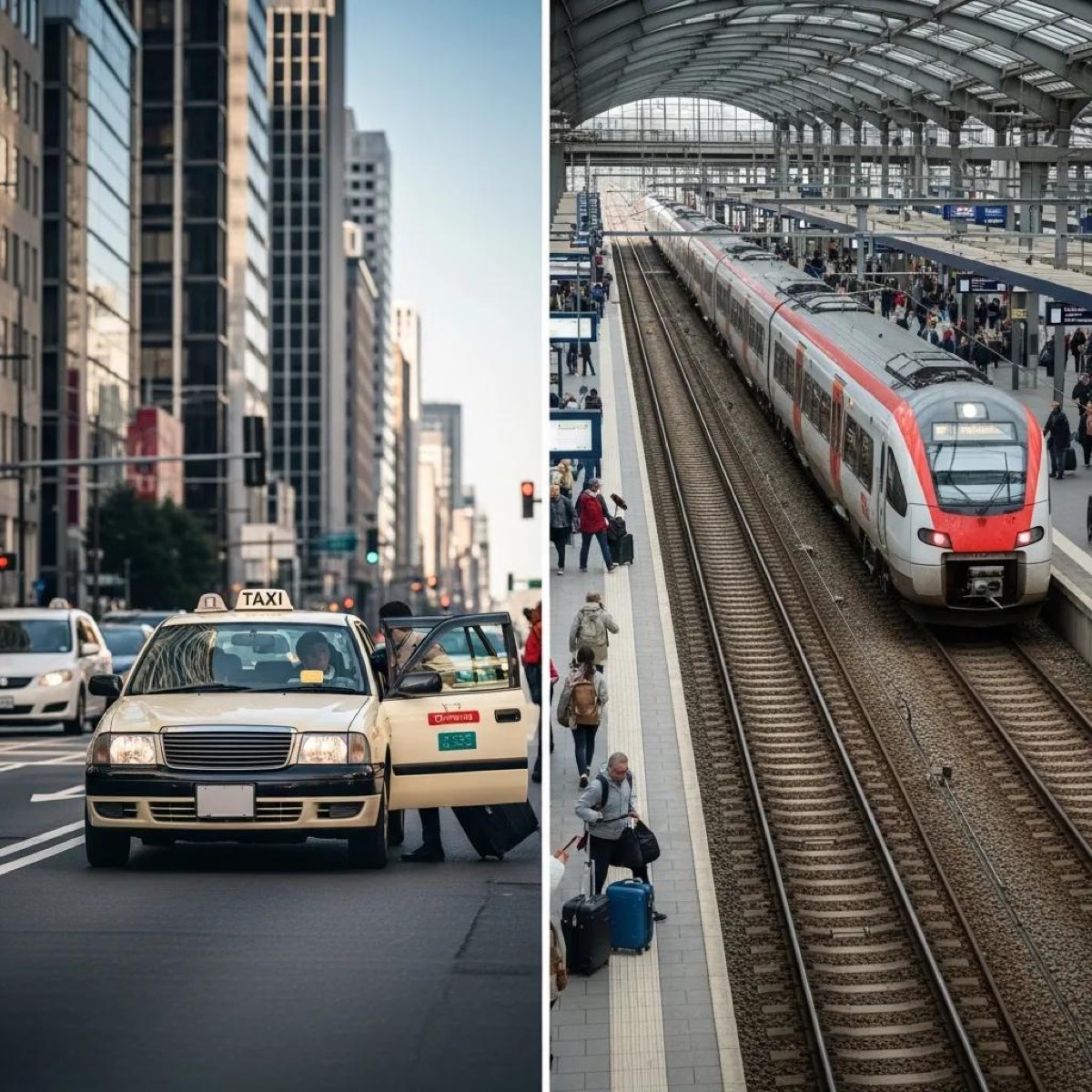 Comparison of airport taxi and train at a station, highlighting travel options