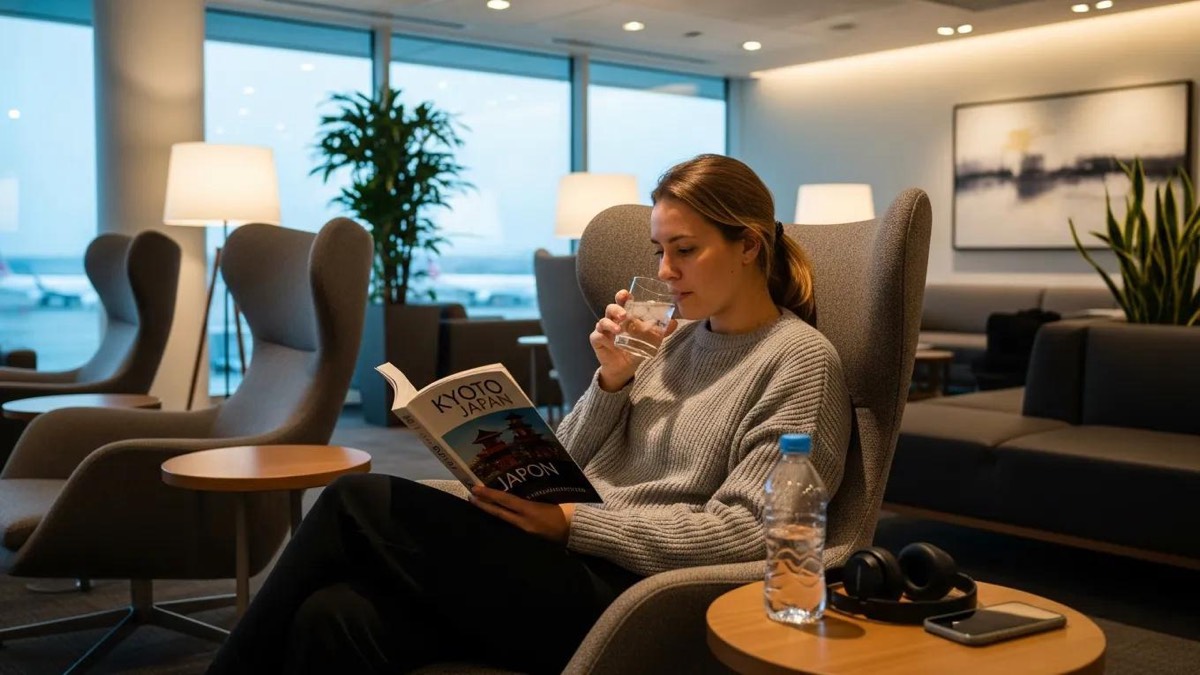 Traveler relaxing in an airport lounge, emphasizing jet lag recovery strategies