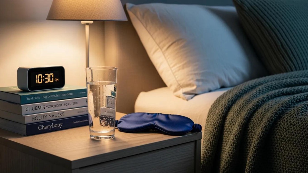 Bedside setup promoting hydration and sleep hygiene for jet lag recovery