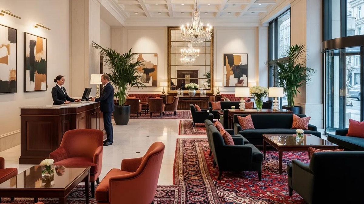 Luxurious hotel lobby showcasing elegant decor and welcoming atmosphere