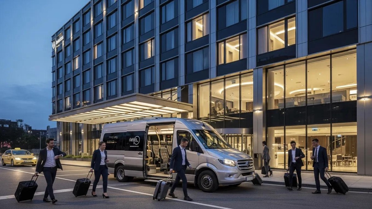 Modern business hotel with shuttle bus, highlighting convenience for travelers