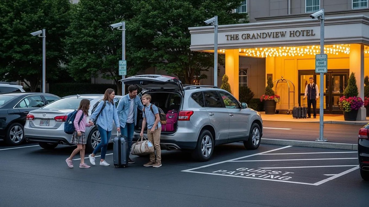 Secure hotel parking lot with family unloading luggage, emphasizing convenience