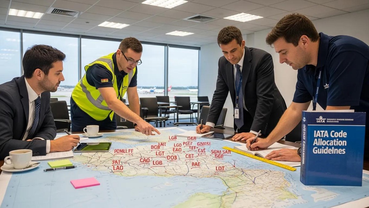 Airport officials collaborating over a map, illustrating the assignment process of IATA airport codes