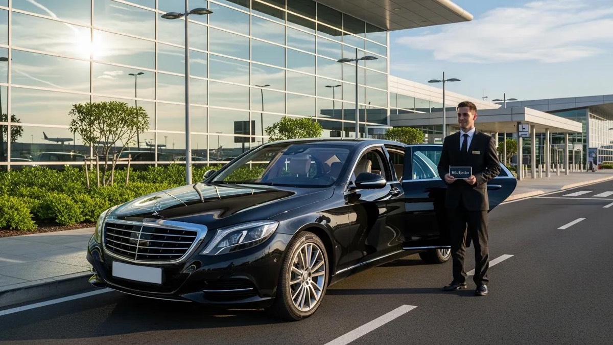 Luxury car and professional driver outside an airport, representing reliable transfer services using airport codes