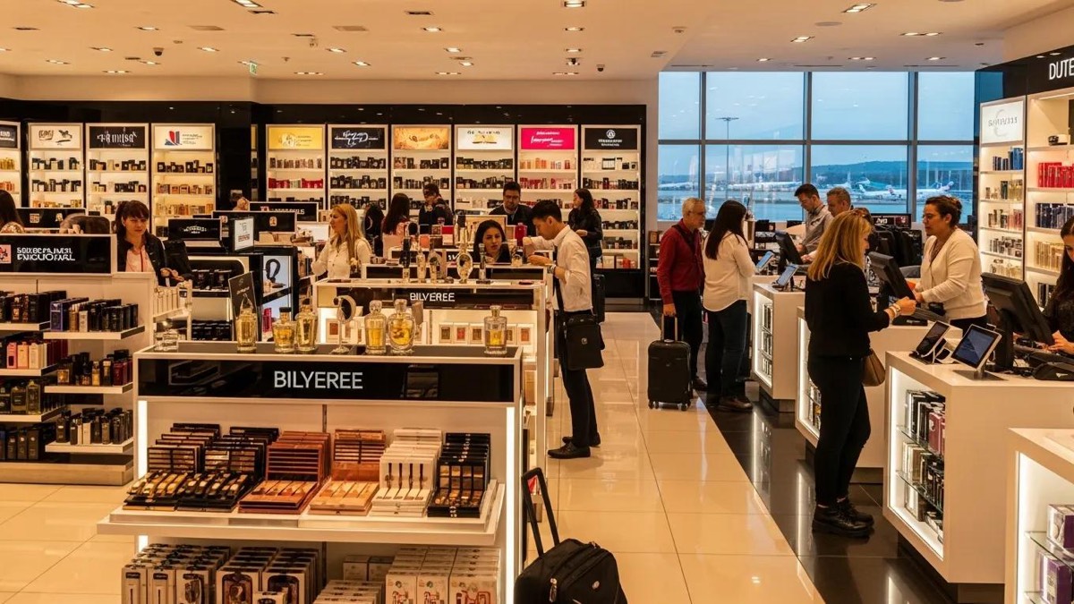Luxury duty-free shopping scene with perfumes, cosmetics, and electronics